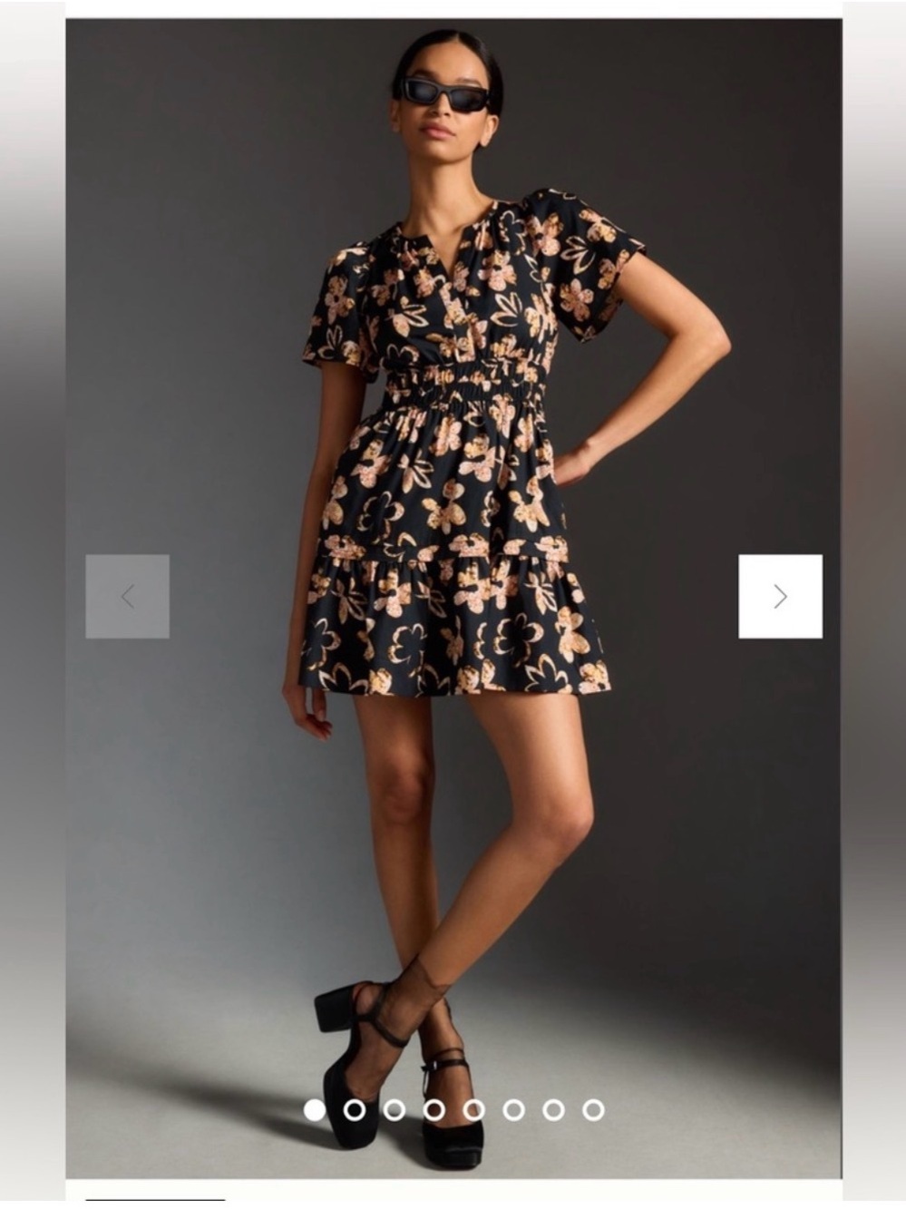 Anthropologie Maeve Somerset Black Floral Short Sleeve Smocked Waist Mini Dress